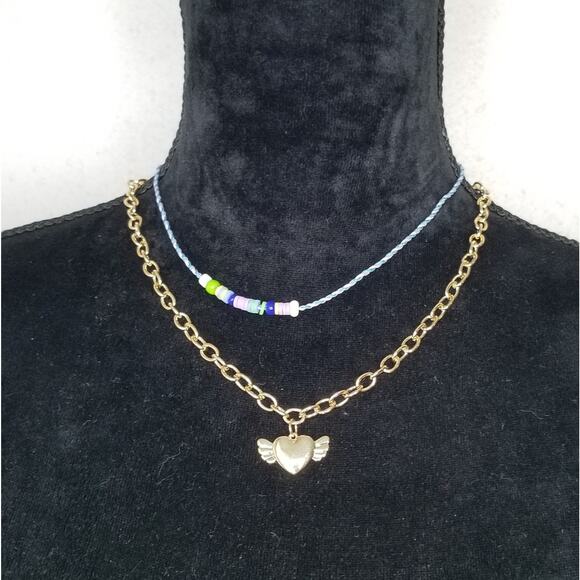 Nordstrom Bp Chain & Beaded Layered Necklaces Flying Heart Pendant - Picture 1 of 4